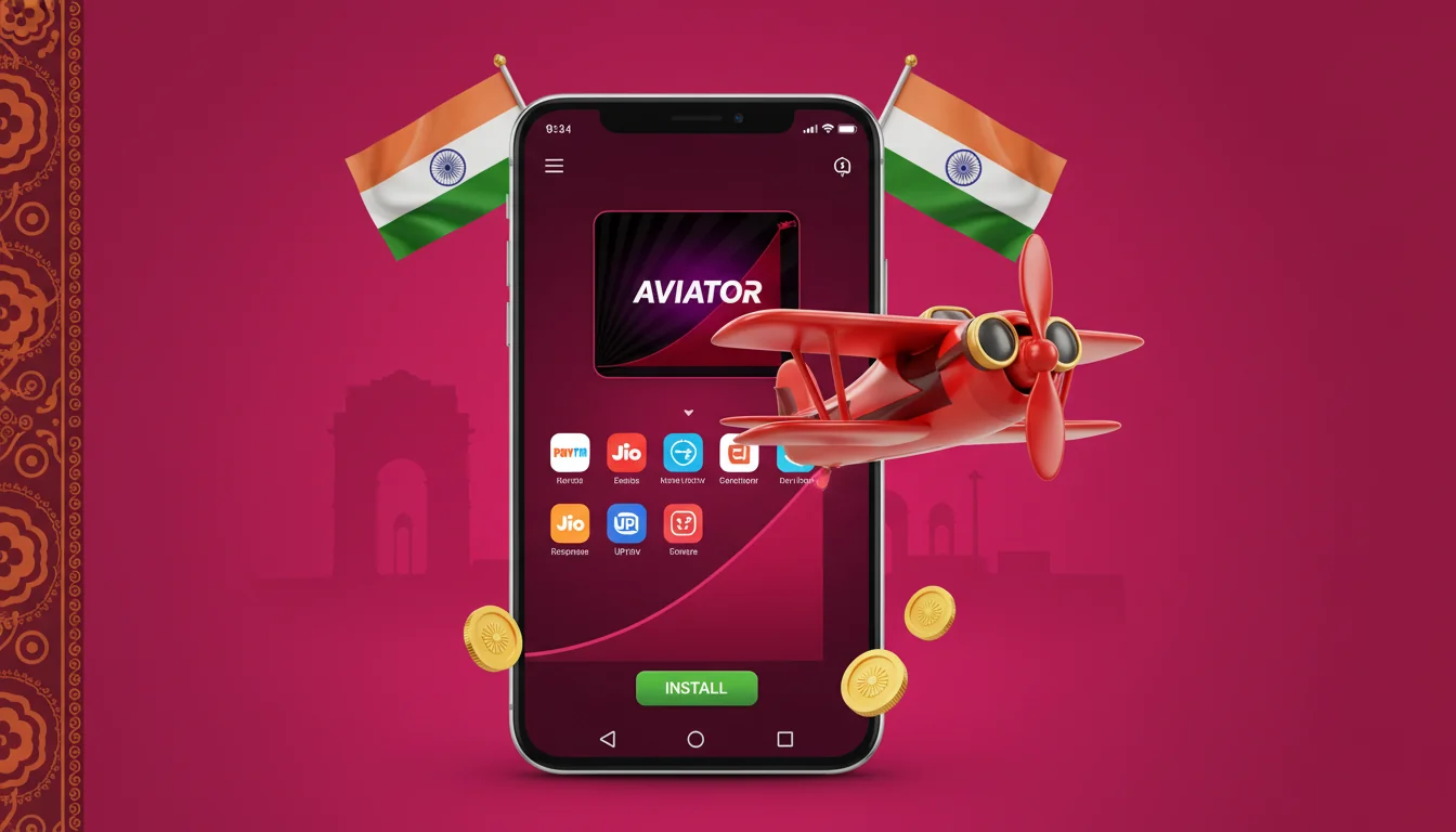 Grid of India-facing casino apps - 1Win, Mostbet, Parimatch, 4rabet - each showing the Aviator tile on a phone home scre