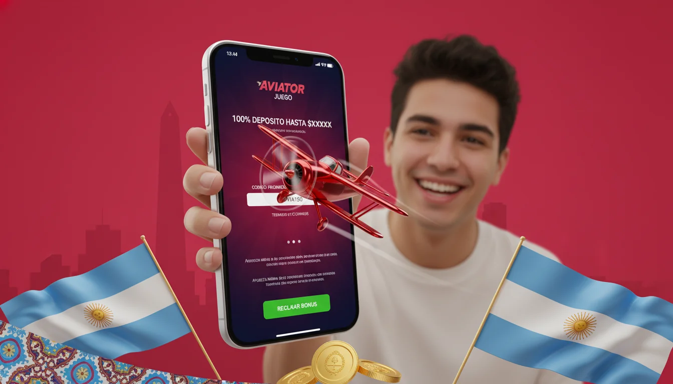 Pantalla de cajero móvil reclamando el bono de bienvenida de Aviator, con el campo de código promocional cargado y el resumen de términos de
