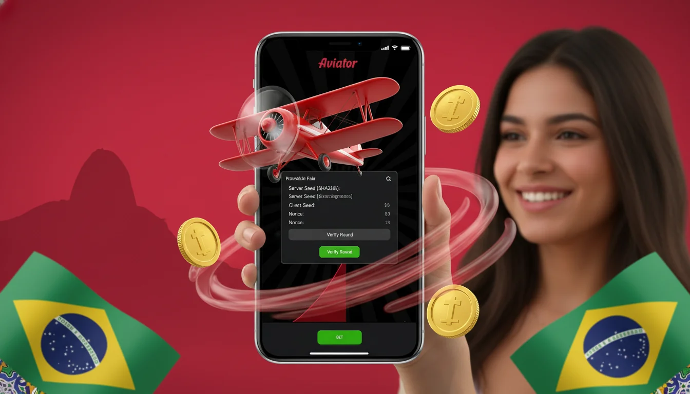 Tela de verificação Provably Fair do Aviator com hash SHA-256, semente do servidor e semente do cliente