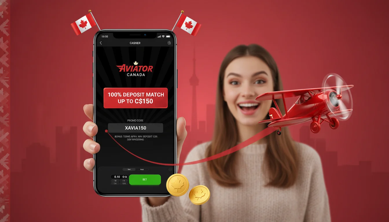 Aviator casino deposit screen showing a welcome match bonus, promo code field, and CAD deposit amount