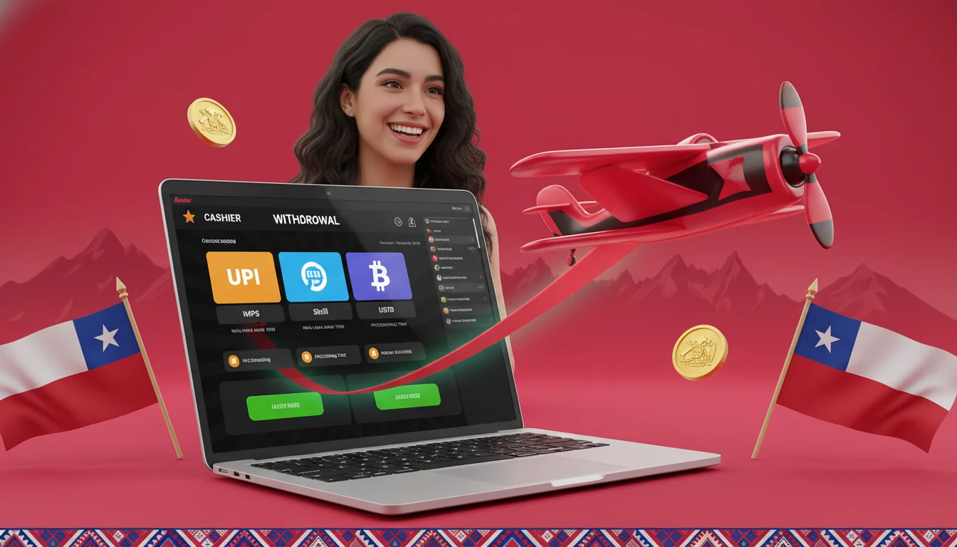Pantalla del cajero de un casino Aviator mostrando tarjetas, billeteras electrónicas y opciones de cripto con sus límites
