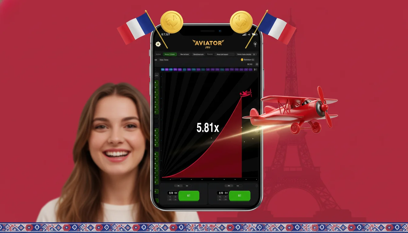 Interface d'Aviator avec la courbe du multiplicateur, le bouton Cashout et le double panneau de pari