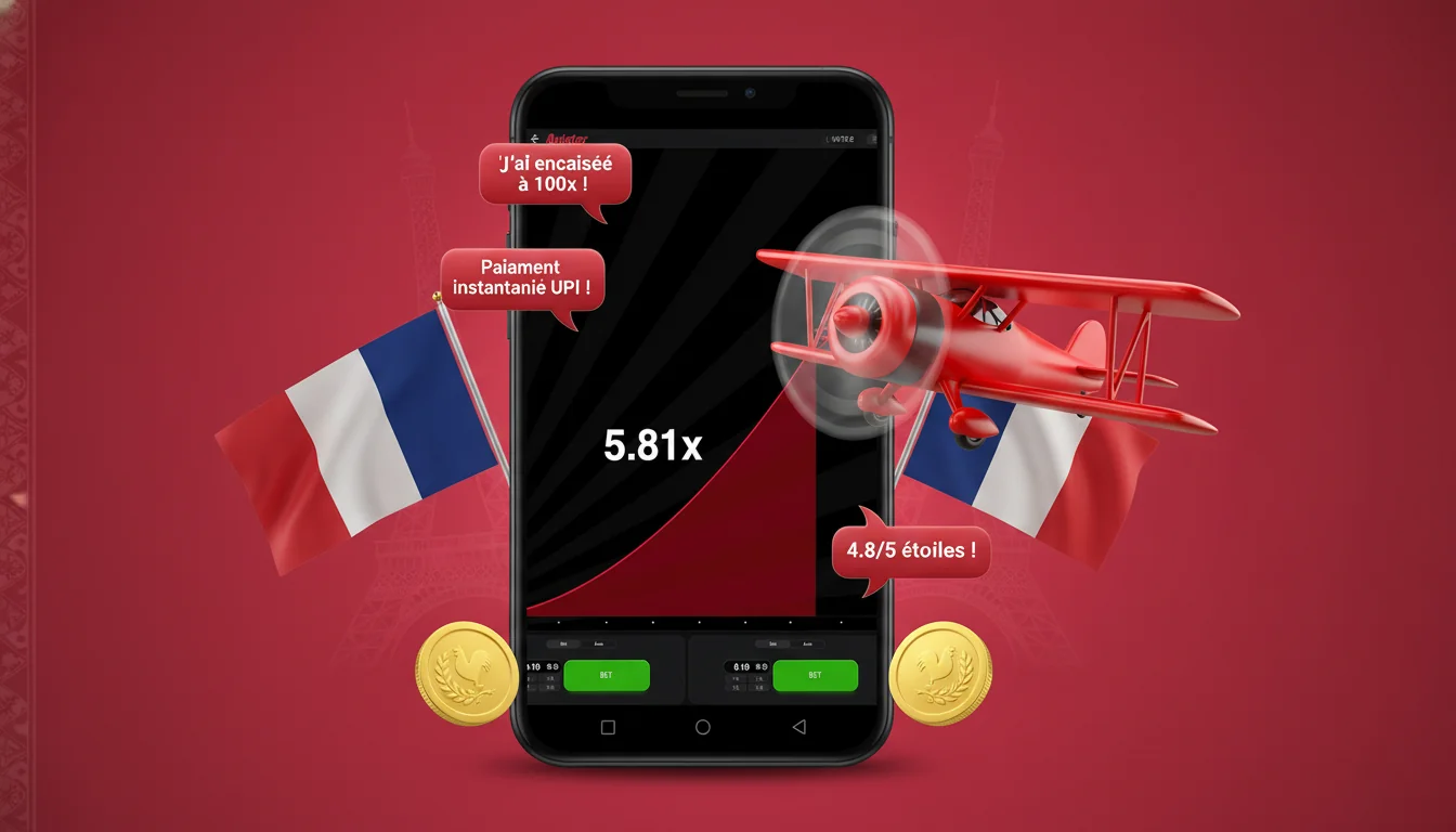Aviator game interface in the centre surrounded by floating player quote speech-bubbles - cashed out at 100x, fast UPI payout, 4.8/5 stars -