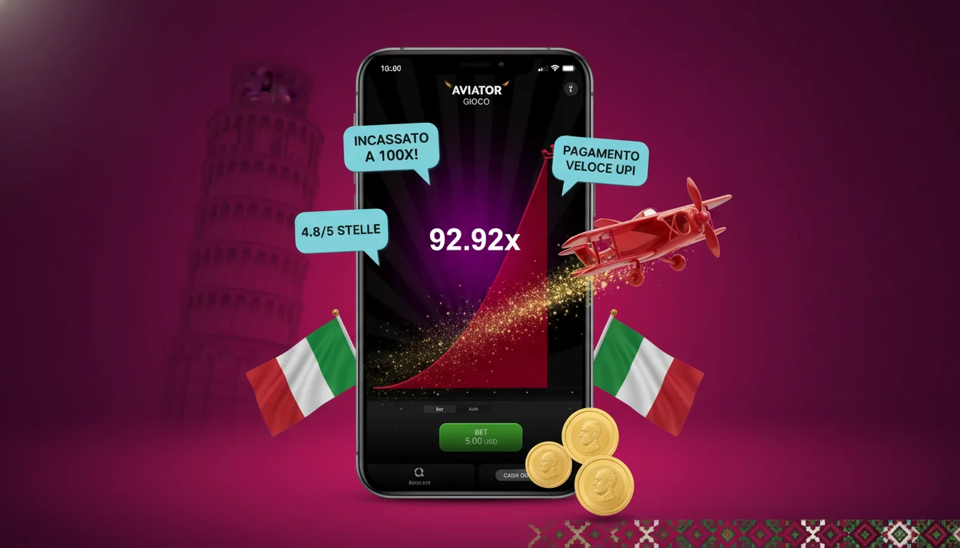 Interfaccia del gioco Aviator al centro circondata da fumetti fluttuanti con citazioni dei giocatori - cash out a 100x, pagamento UPI rapido, 4,8/5 stelle -