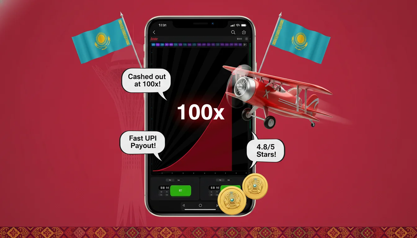 Aviator game interface in the centre surrounded by floating player quote speech-bubbles - cashed out at 100x, fast UPI payout, 4.8/5 stars -