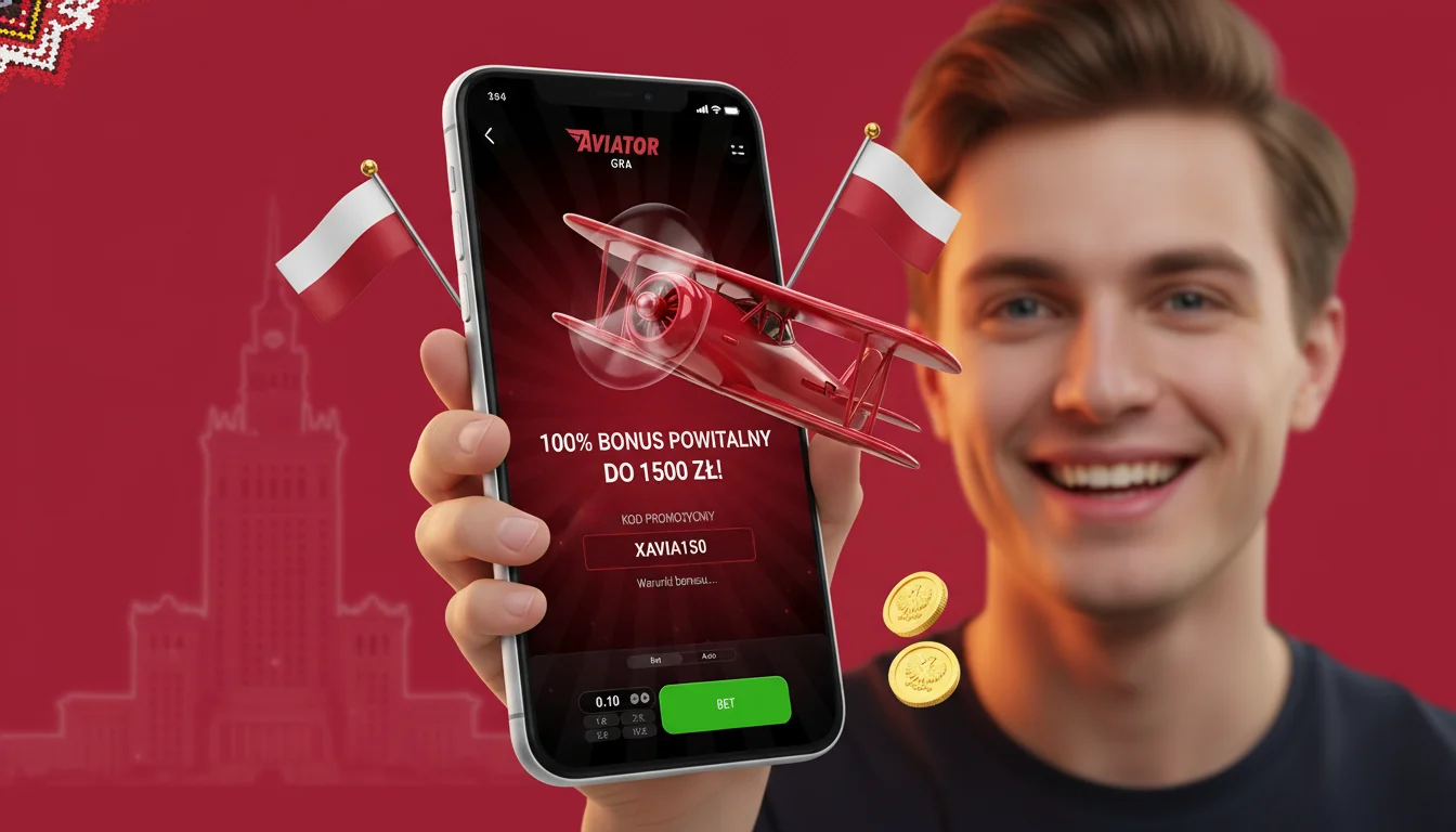 Panel odbioru bonusu powitalnego Aviator z polem na kod promocyjny i podsumowaniem warunków obrotu
