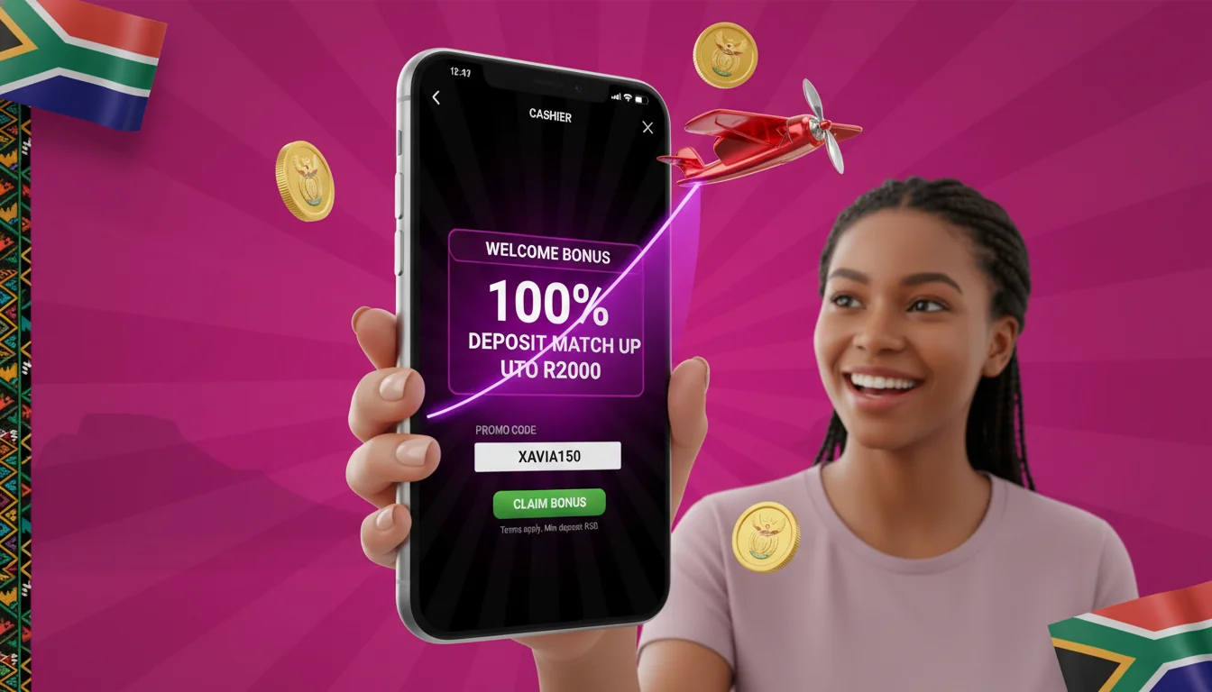 Aviator casino cashier showing a deposit-match welcome bonus being claimed with promo code field in ZAR